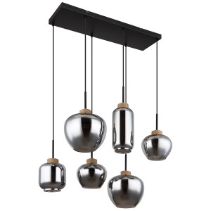 Globo Hängeleuchte, 6-flammig, schwarz/rauchfarben/natur. Pendelleuchte mit Glasschirmen in verschiedenen Formen.