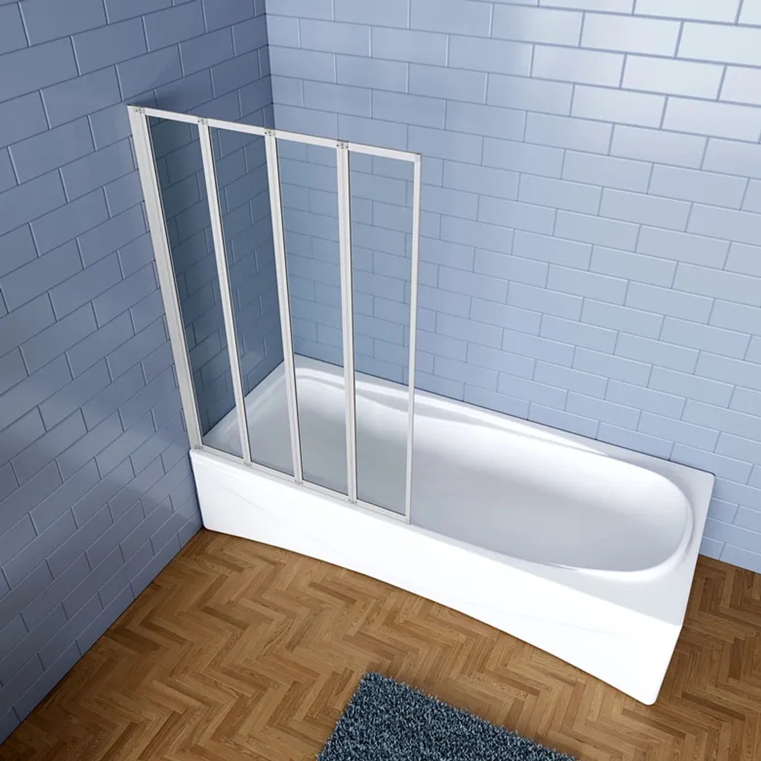 Badewannenaufsatz 90x140cm mit 4-teiliger Faltwand aus ESG Sicherheitsglas und weißem Rahmen.