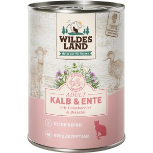 Dose Wildes Land Katzen-Nassfutter Kalb & Ente mit Cranberries und Distelöl, getreidefrei.