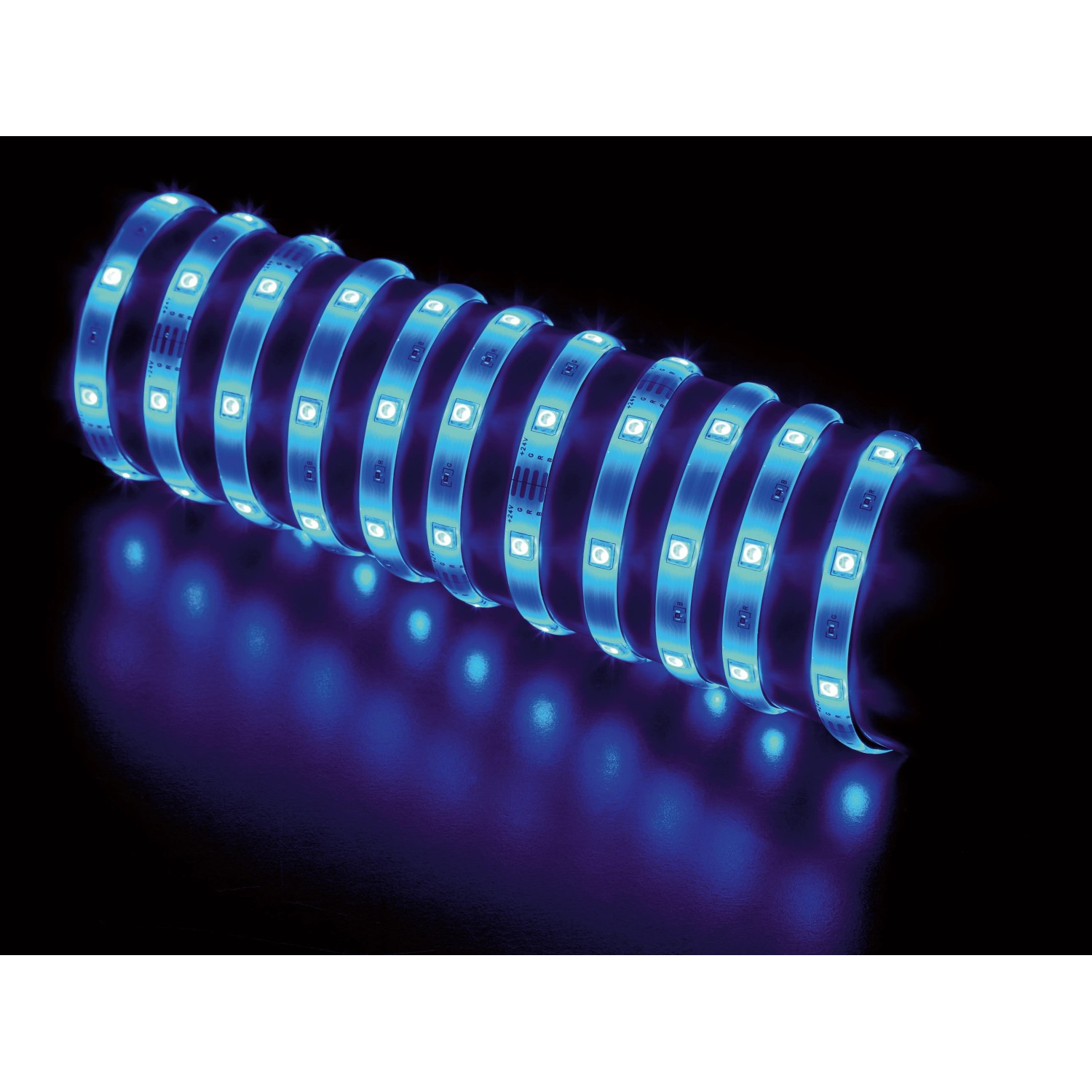 Aufgerolltes LED-Flexband RGB, 10 m, blau leuchtend. LED-Streifen mit Fernbedienung.