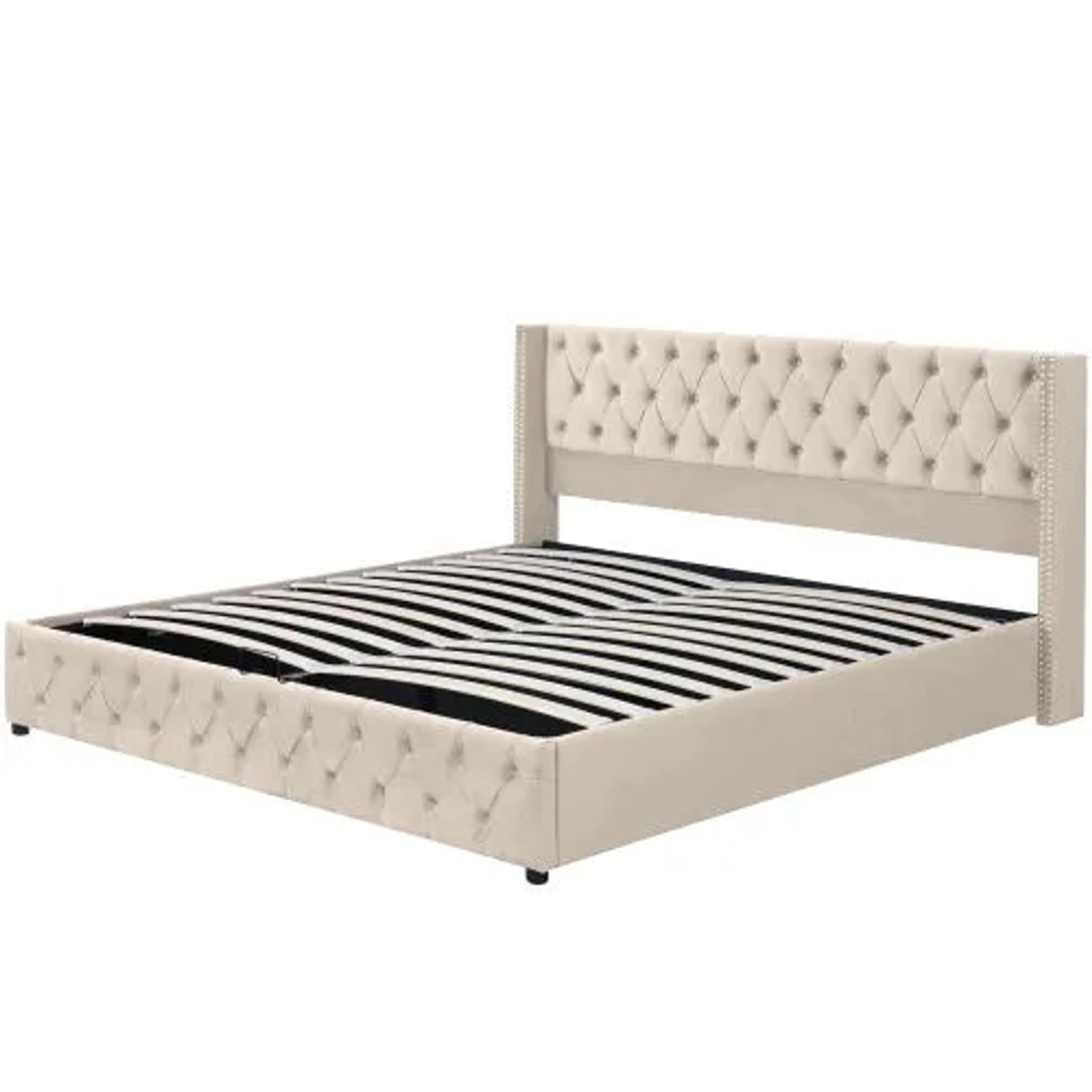 KOMHTOM Gepolstertes Doppelbett 180x200Cm  Lattenrost Bezogen Mit Schwarzem  Fleckenabweisendem Fleece-Stoff  Beige