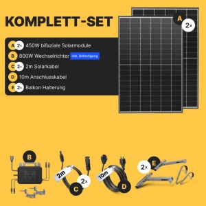 Solakon Balkonkraftwerk Komplettset: 2 Solarmodule, Wechselrichter, 2m/10m Kabel, Balkonhalterung. Steckerfertige Solaranlage.