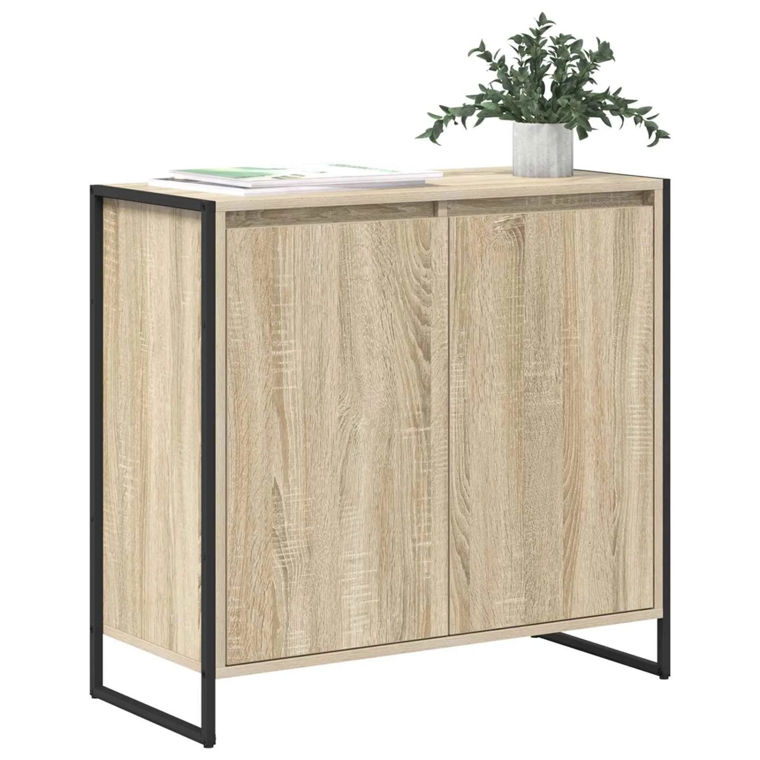 Sonoma Seitenschrank mit 2 Türen, Holzoptik und schwarzem Metallgestell. Moderner Wohnzimmerschrank aus Holzwerkstoff.