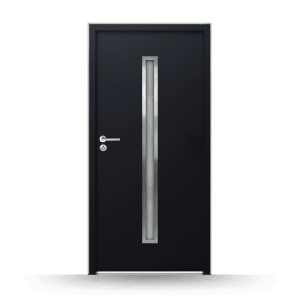 Anthrazitfarbene FM Tür NBT56 Modell 501, 1000x2100 mm, mit Glaseinsatz und Türdrücker links.