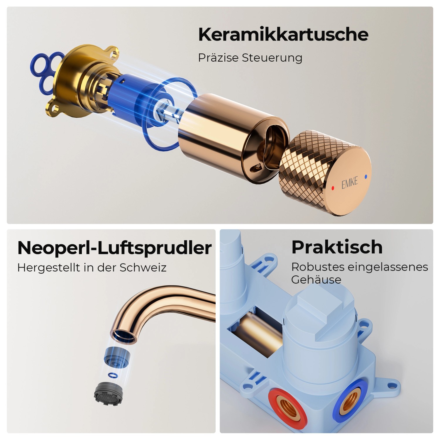 Emke Waschtischarmatur Unterputz für Wandmontage Rosengold Wasserhahn Badarmatur_5