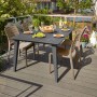 Allibert Lima Gartentisch, anthrazit, mit Speisen und Getränken auf einer Terrasse.