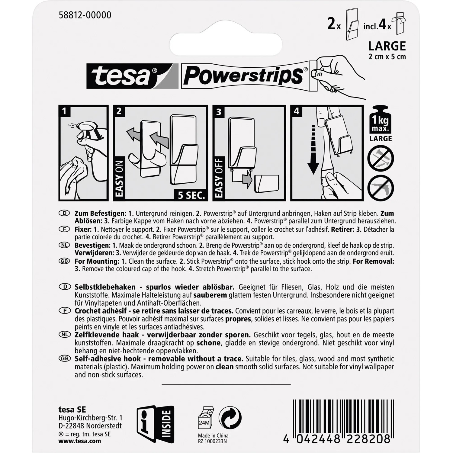 Tesa Powerstrips Haken, transparent/chrom matt, 2er-Pack. Handtuchhalter zur einfachen Montage.