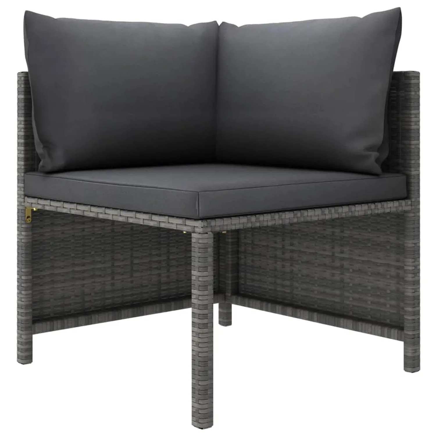Graues vidaXL Garten-Lounge-Eckteil aus Rattan mit anthrazitfarbenen Kissen.