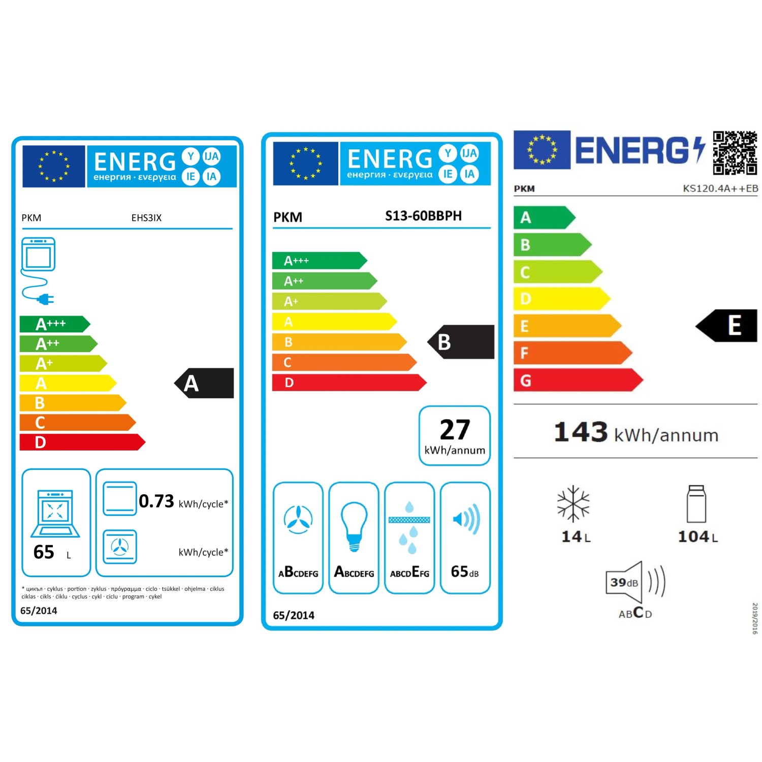 Drei EU-Energieeffizienzlabels: Backofen (Klasse A), Dunstabzugshaube (Klasse B), Kühlschrank (Klasse E).