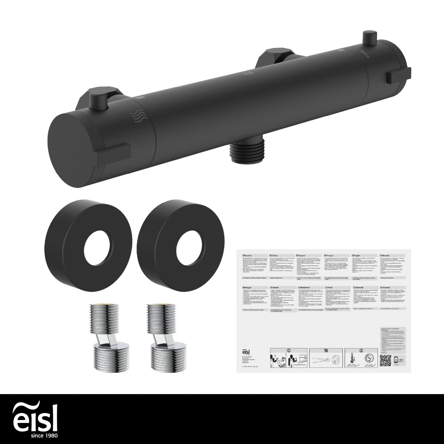 Eisl Thermostat Duscharmatur Claudio, Schwarz Matt, mit Montagezubehör für die Dusche.