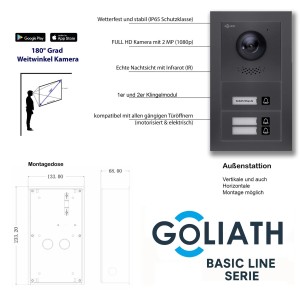 Goliath Basic Line Video Türsprechanlage mit schwarzer Außenstation und Aufputzdose.