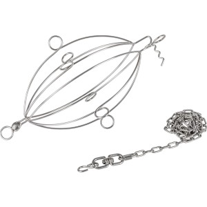 Geflügel-Grillkorb aus Edelstahl mit Kette und Haken für knuspriges Grillen.