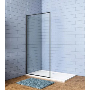 Walk-in Dusche 100x200cm mit schwarzem Rahmen und Klarglas auf Duschwanne.