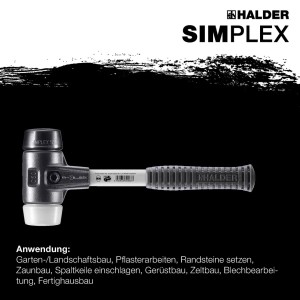 Halder Simplex Schonhammer mit schwarzem Gummi- und weißem Superplastik-Einsatz, Ø 50 mm, Fiberglasstiel.