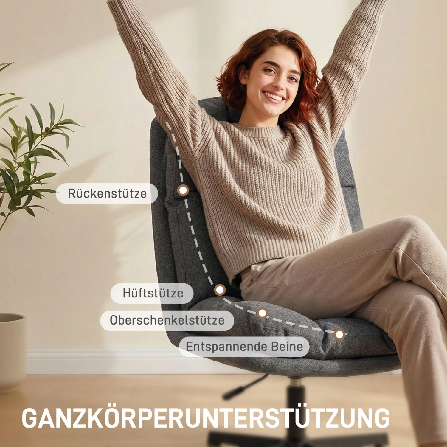 Lachende Frau in dunkelgrauem HOMCOM Relaxsessel mit Ganzkörperunterstützung. Breiter, drehbarer Accent Chair für Komfort.