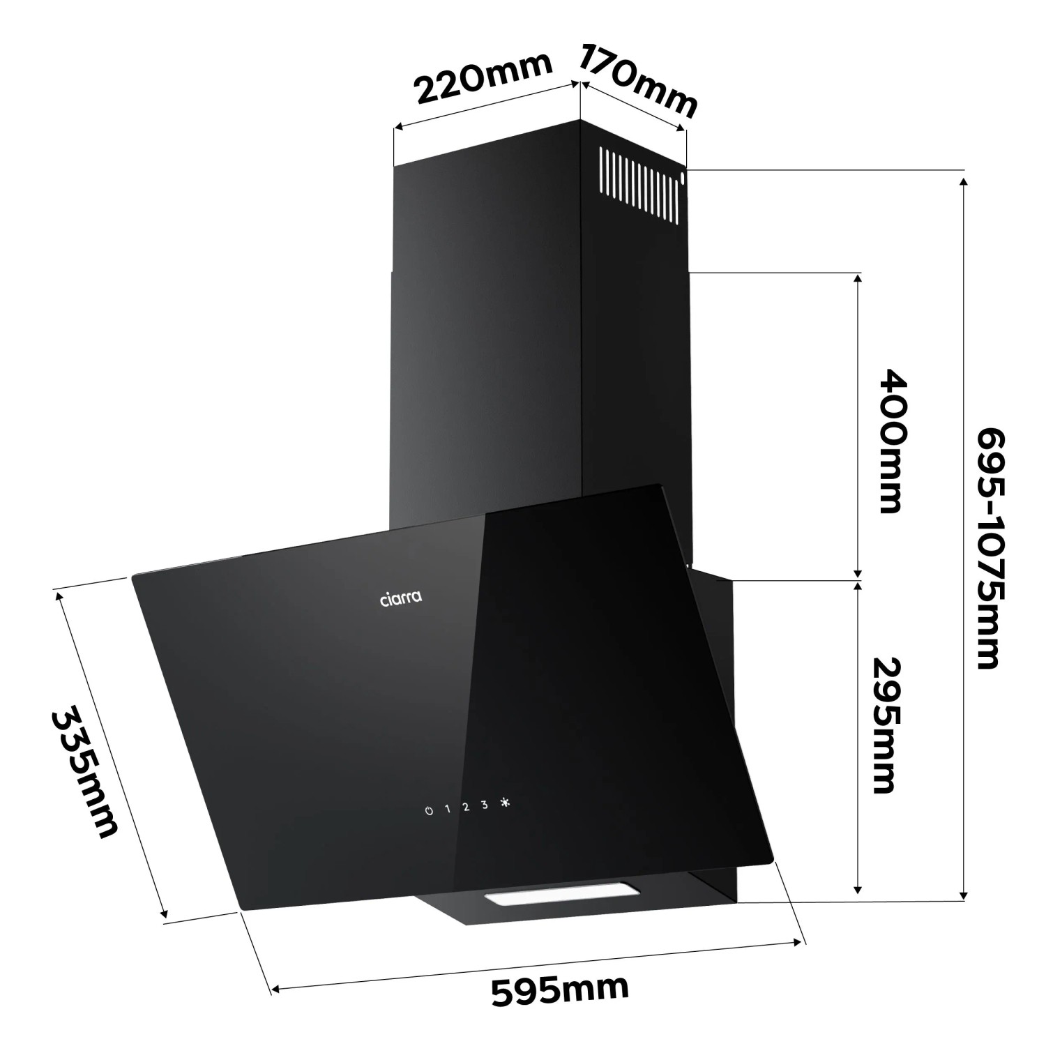 CIARRA Kopffreihaube 60 cm, schwarz, Glasfront, Touch-Bedienung, LED-Licht. Dunstabzugshaube mit Maßen.