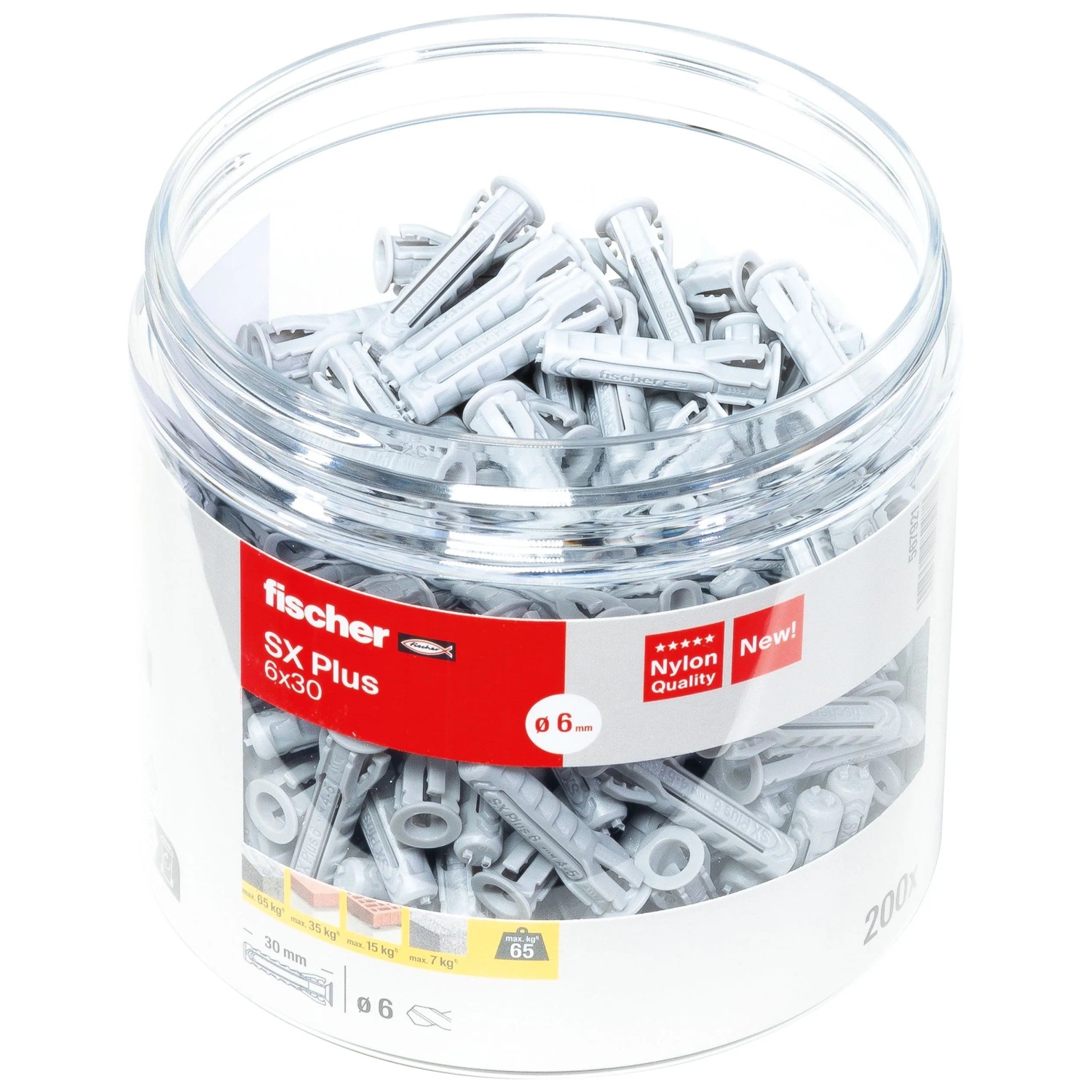 Dose mit fischer Spreizdübel SX Plus 6x30, geeignet für Beton und Mauerwerk.