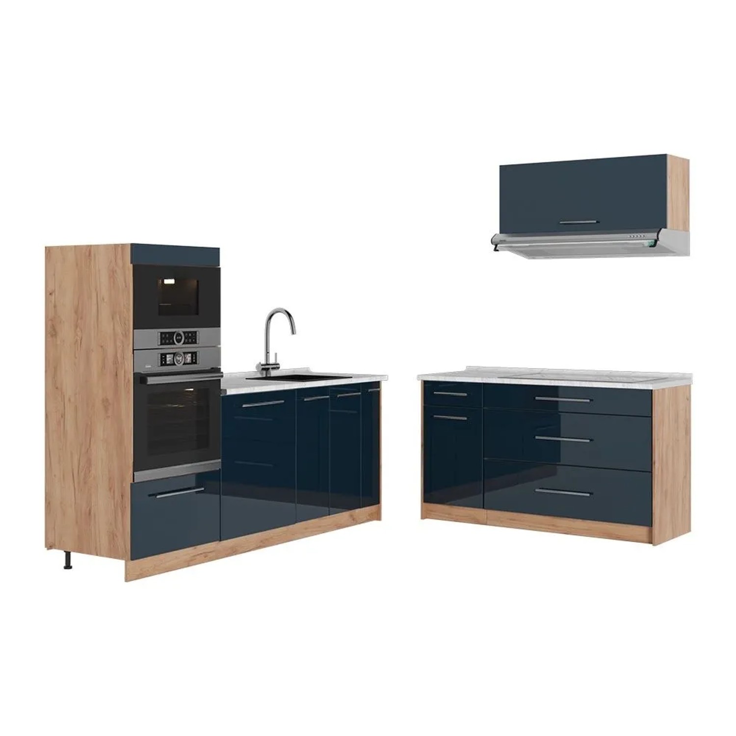 Vicco Küchenzeile Fame-Line Dunkelblau Hochglanz/Goldkraft Eiche 340 x 154 AP Marmor Art Nr 65729