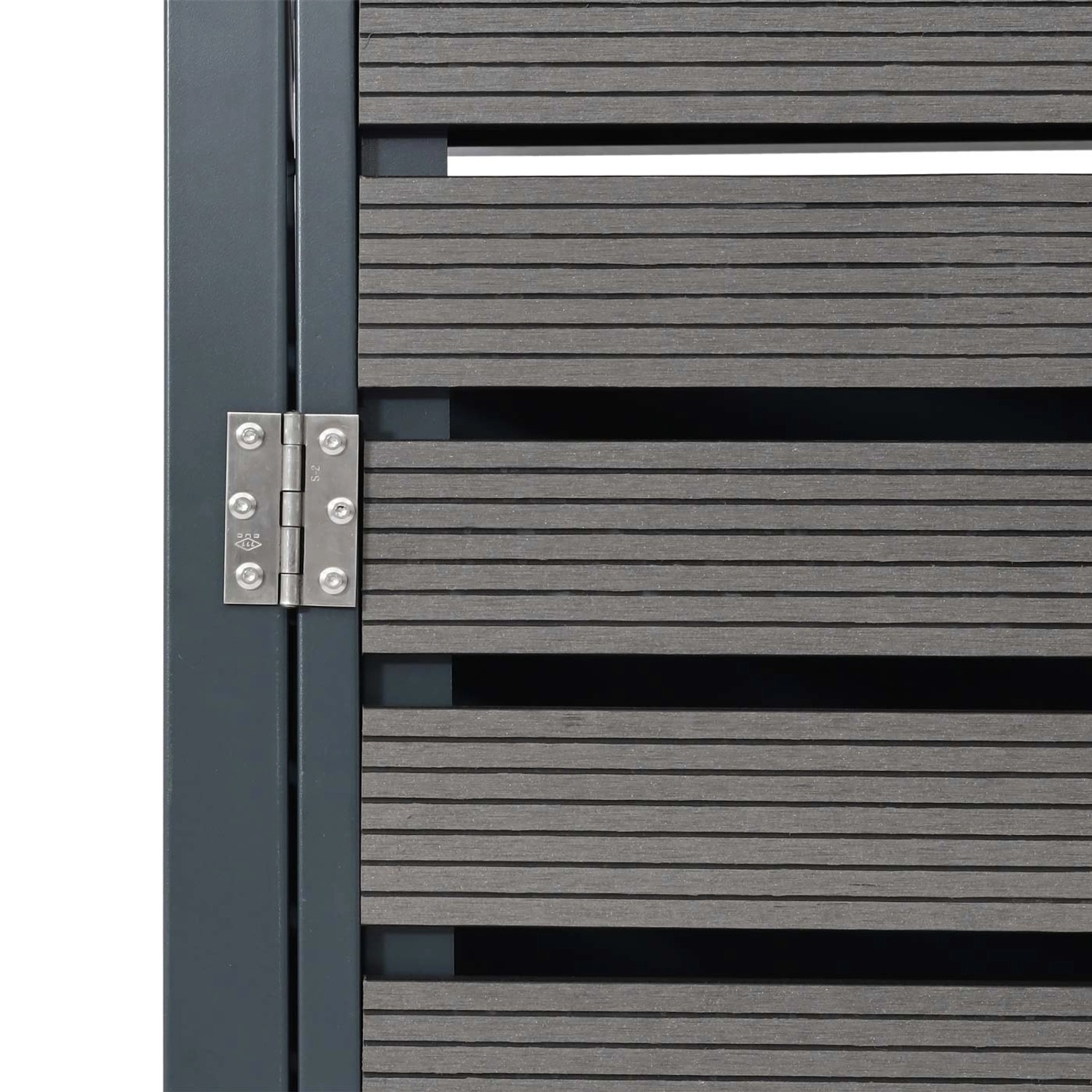 Detailansicht: Anthrazitfarbene Mülltonnenverkleidung mit Edelstahlscharnier.