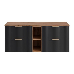 Moderner Vente-unique Waschbeckenunterschrank Zevara, 140 cm, schwarz, hängend, Holzplatte, Streifenoptik.