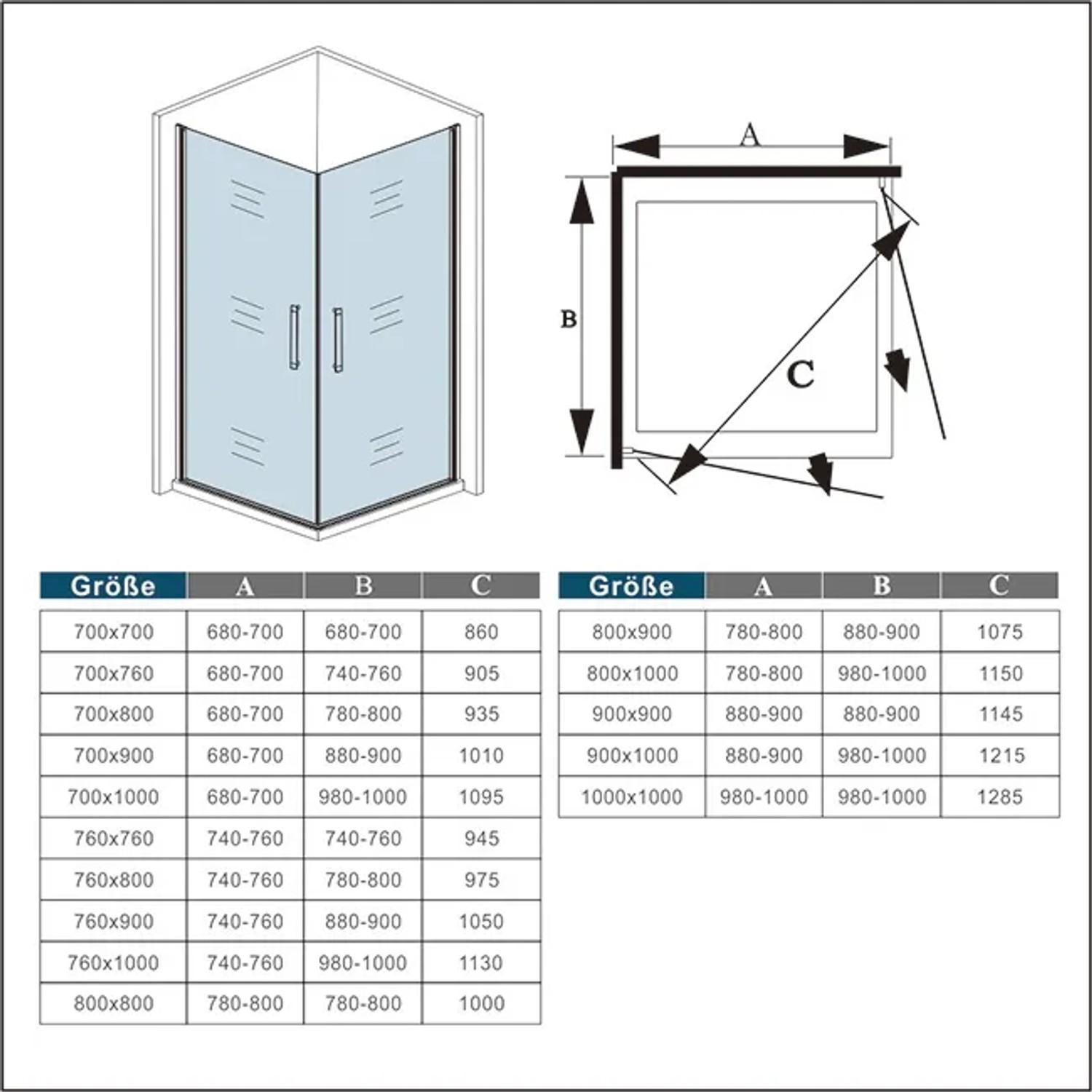 Eckdusche AICA Alu Silber Matt, 80x80 cm, mit Pendeltür und ESG Sicherheitsglas.