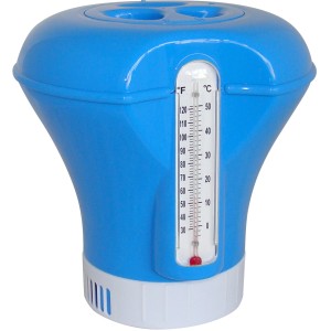 Blauer Summer Fun Dosierschwimmer mit Thermometer für Poolpflege.
