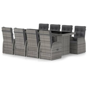 Graue 9-tlg. vidaXL Garten-Essgruppe aus Rattan mit Tisch und Sesseln mit Kissen.