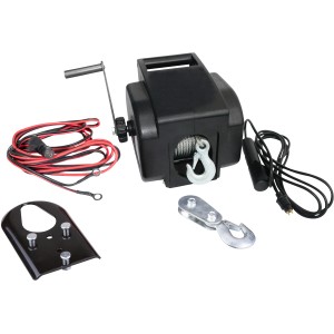 Güde Elektroseilwinde 1200 12V mit Zubehör wie Seilzug und Montageplatte.