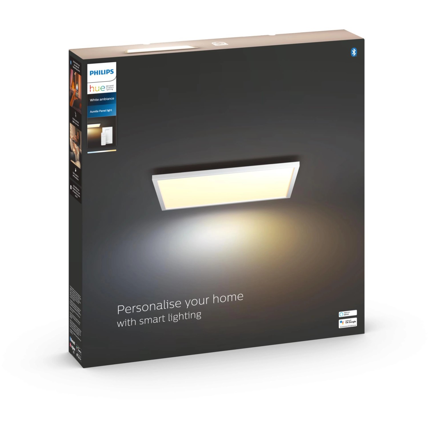 Verpackung der eckigen Philips Hue LED Deckenleuchte White Ambiance Aurelle, 30x30 cm.