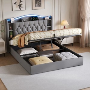 PXloue Doppelbett 140x200 cm Jugendbett mit Stauraum LED & USB Ladestation Grau