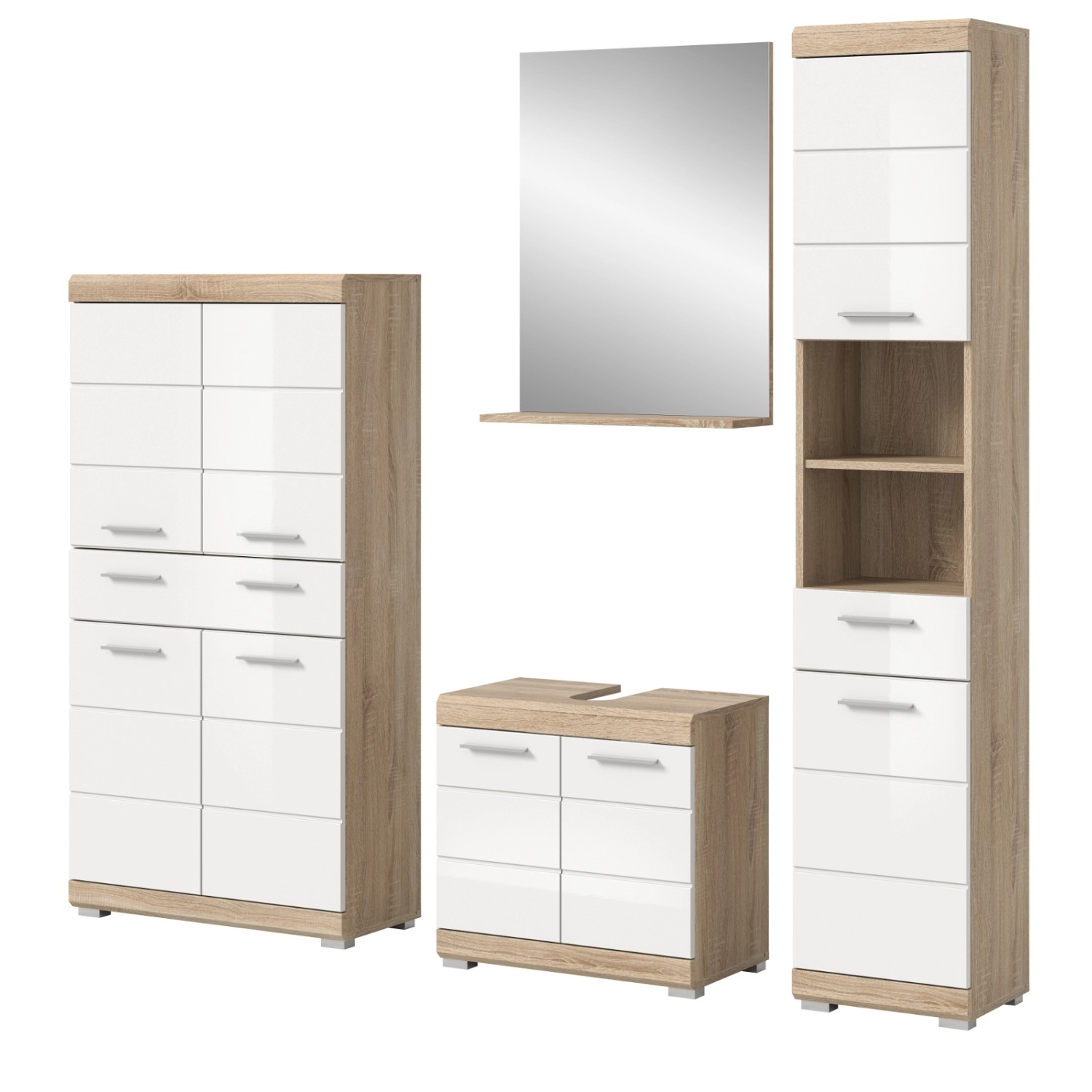 Inn.Furn Badmöbel Set in Weiß Hochglanz und Eiche 4-teilig 186 cm Mambo günstig online kaufen