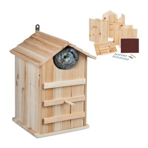 Relaxdays Eulen Nistkasten Bausatz Tannenholz Natur Aufklappbar Wetterbeständig 38,5 cm x 25 cm x 28 cm 1,5 kg