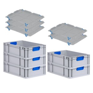 PROREGAL Spar Set: 5 graue Euroboxen mit blauen Griffen und grauen Auflagedeckeln. Aufbewahrungsboxen.