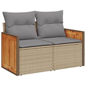 Beige 3-tlg. Garten-Sofagarnitur aus Polyrattan mit grauen Kissen.