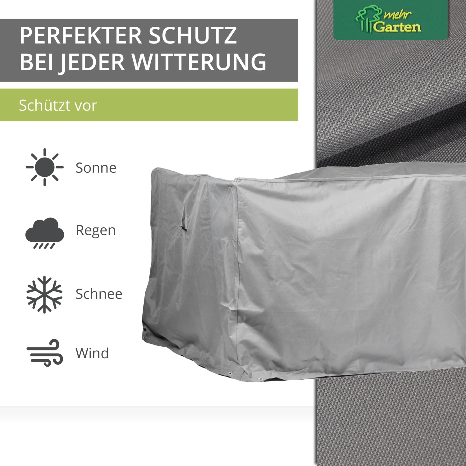 Rechteckige, graue Mehr Garten Premium Schutzhülle für eine Sitzgruppe.