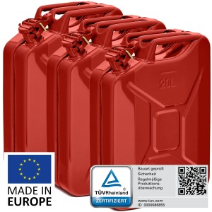 3 rote 20L Metall Kraftstoffkanister, TÜV-geprüft, für Benzin, Diesel & E10.