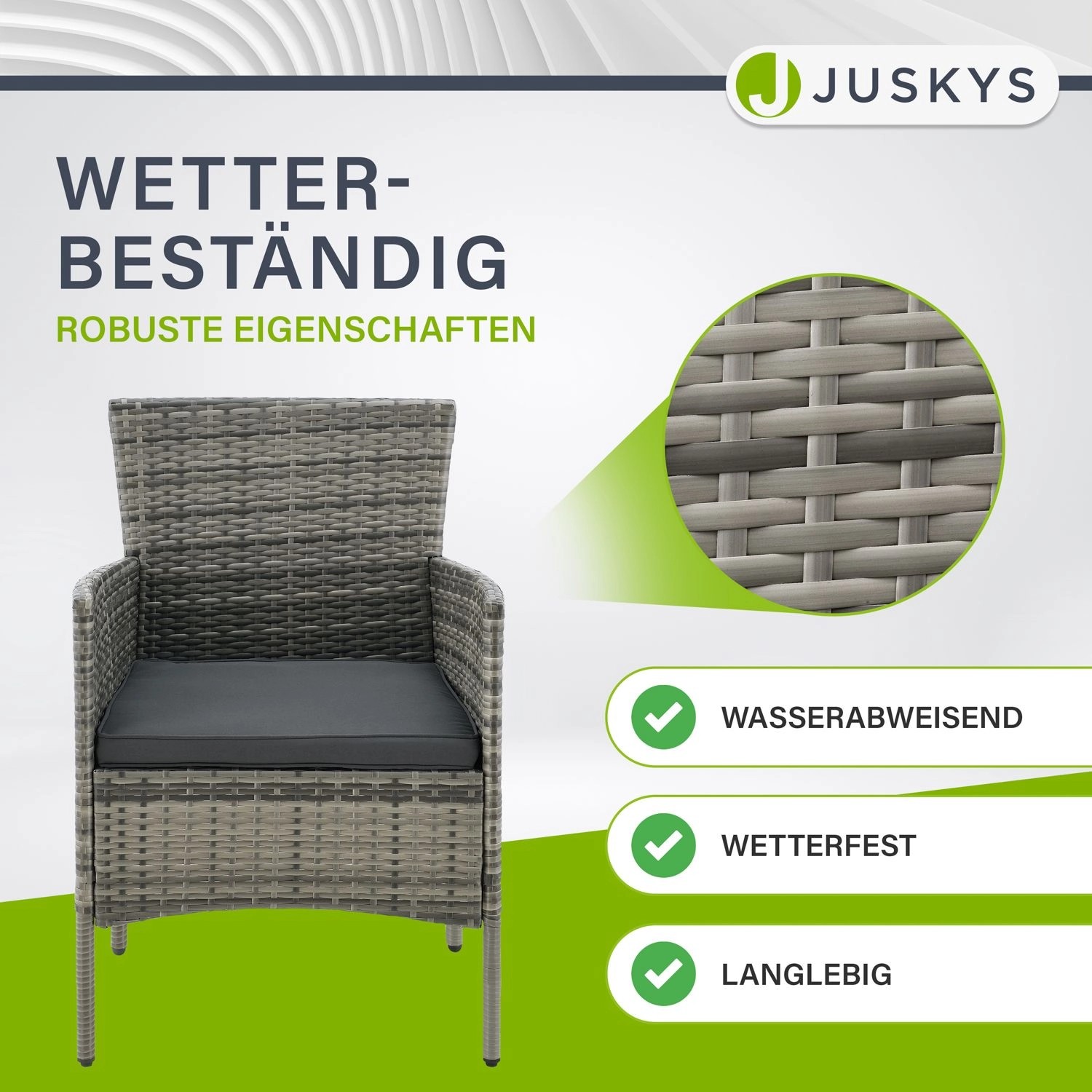 Juskys Gartenmöbel: Polyrattan Sessel, grau meliert mit dunklem Kissen. Wetterfest & langlebig.