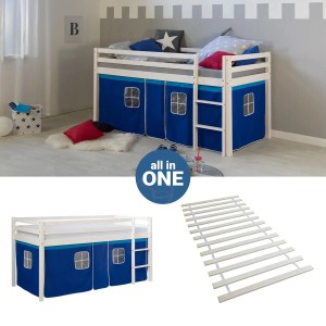 Homestyle4u Hochbett 90x200 mit Vorhang und Lattenrost in Weiß 2562