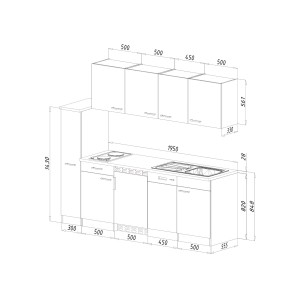 Skizze der Respekta Küchenzeile KB225EYW, 225 cm, Weiß-Eiche York Nachbildung, mit Maßen.