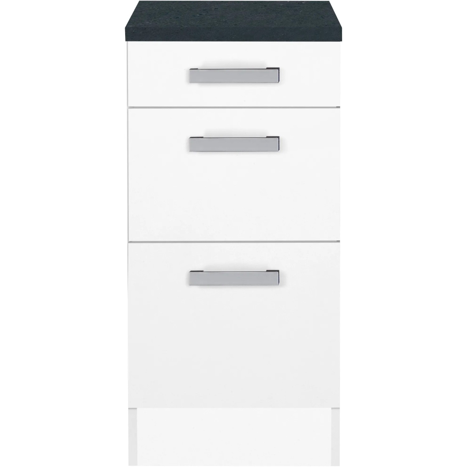 Optifit Unterschrank Salo214, 40 cm breit, mit 3 Auszügen, weiß und anthrazitfarbener Arbeitsplatte.