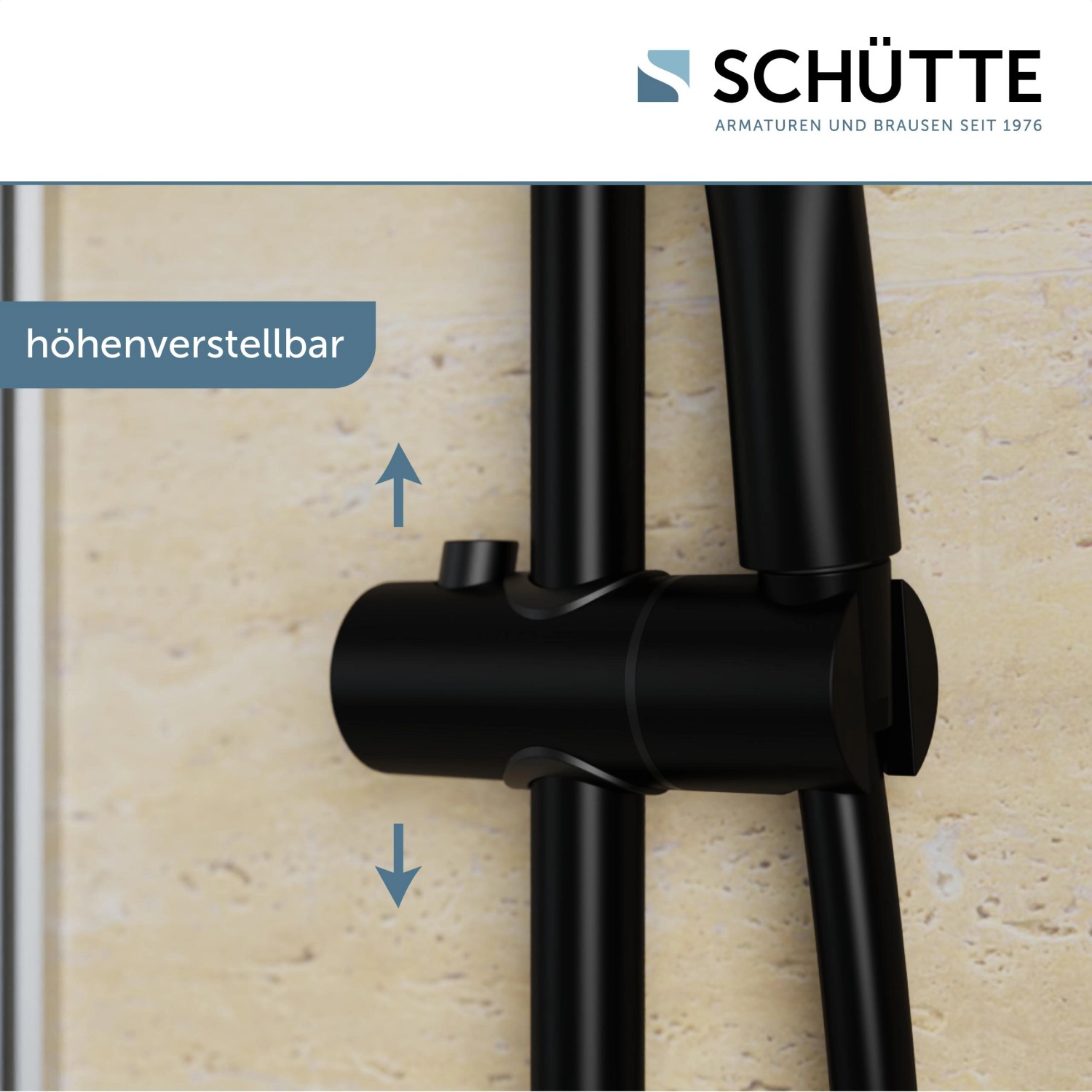 Detailaufnahme: Schwarzes Schütte Stangenbrause-Set Capri, höhenverstellbar.