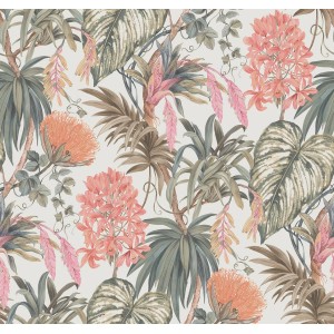 Sanders & Sanders Vliestapete: Tropische Blätter und Blüten in Graugrün, Orange und Pink. Detailansicht des botanischen Musters.