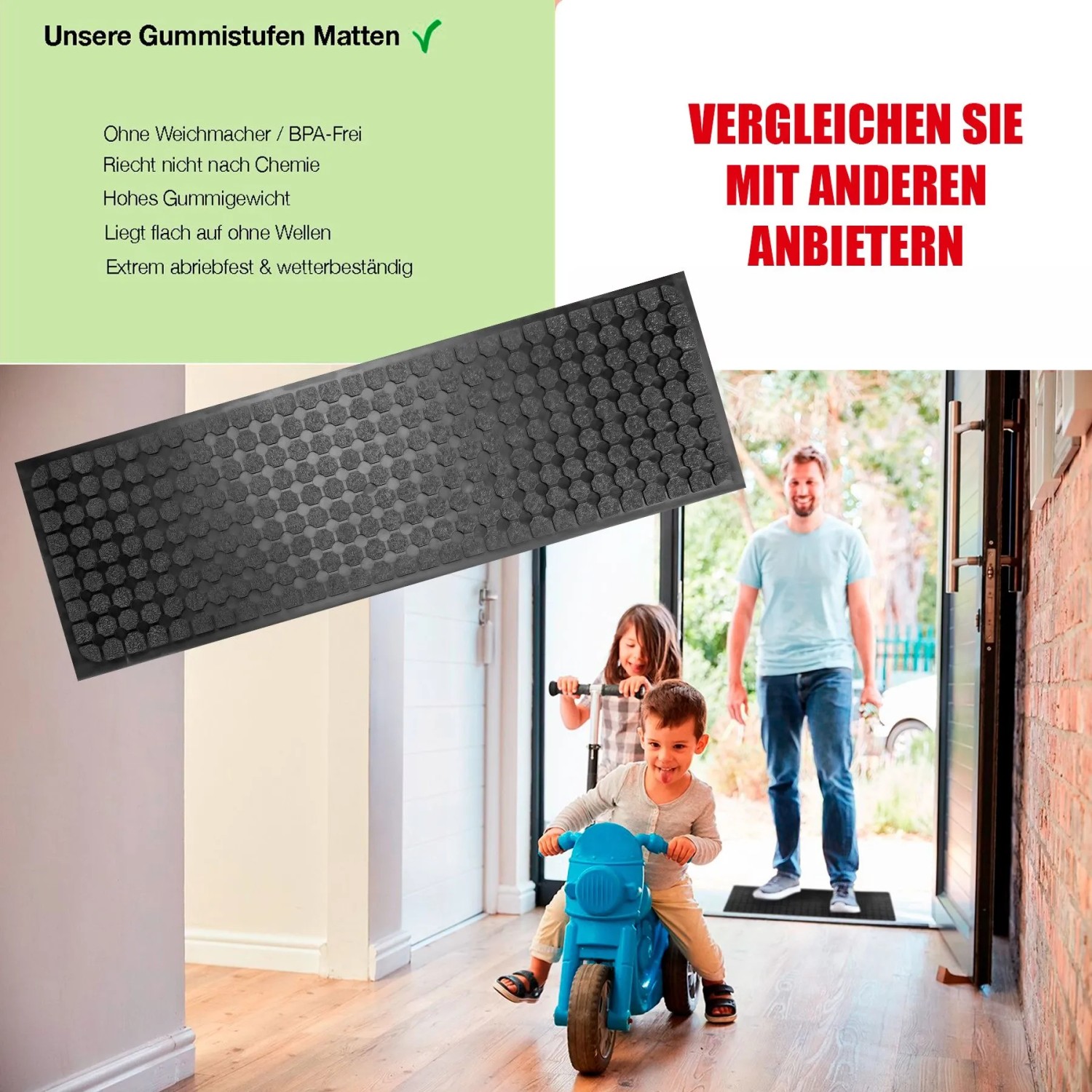 Dunkelgraue Gummi Stufenmatte mit Wild Design Textur für sichere Treppen. Ideal für den Eingangsbereich.