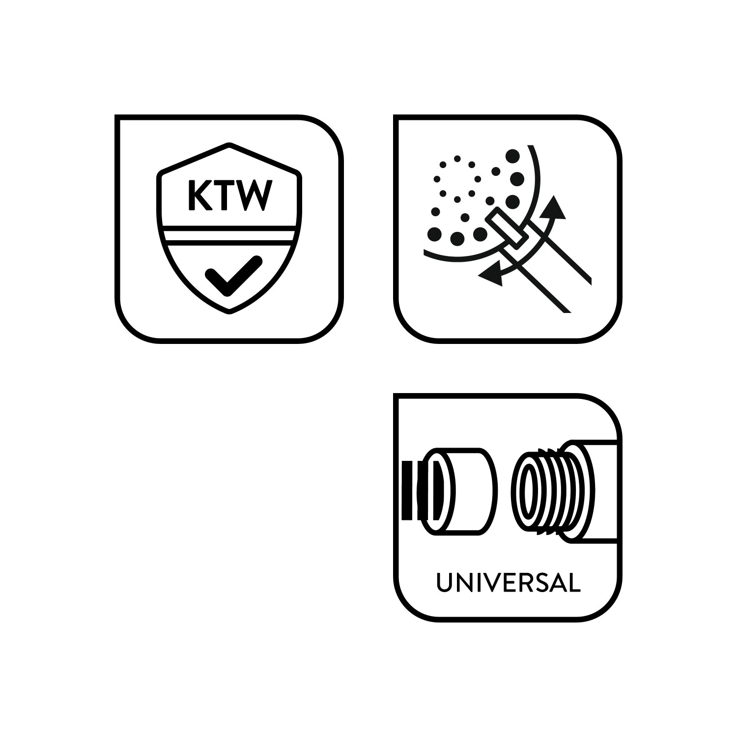 Piktogramme: KTW-Zertifikat, Strahlarten, Universalanschluss für baliv Handbrause.