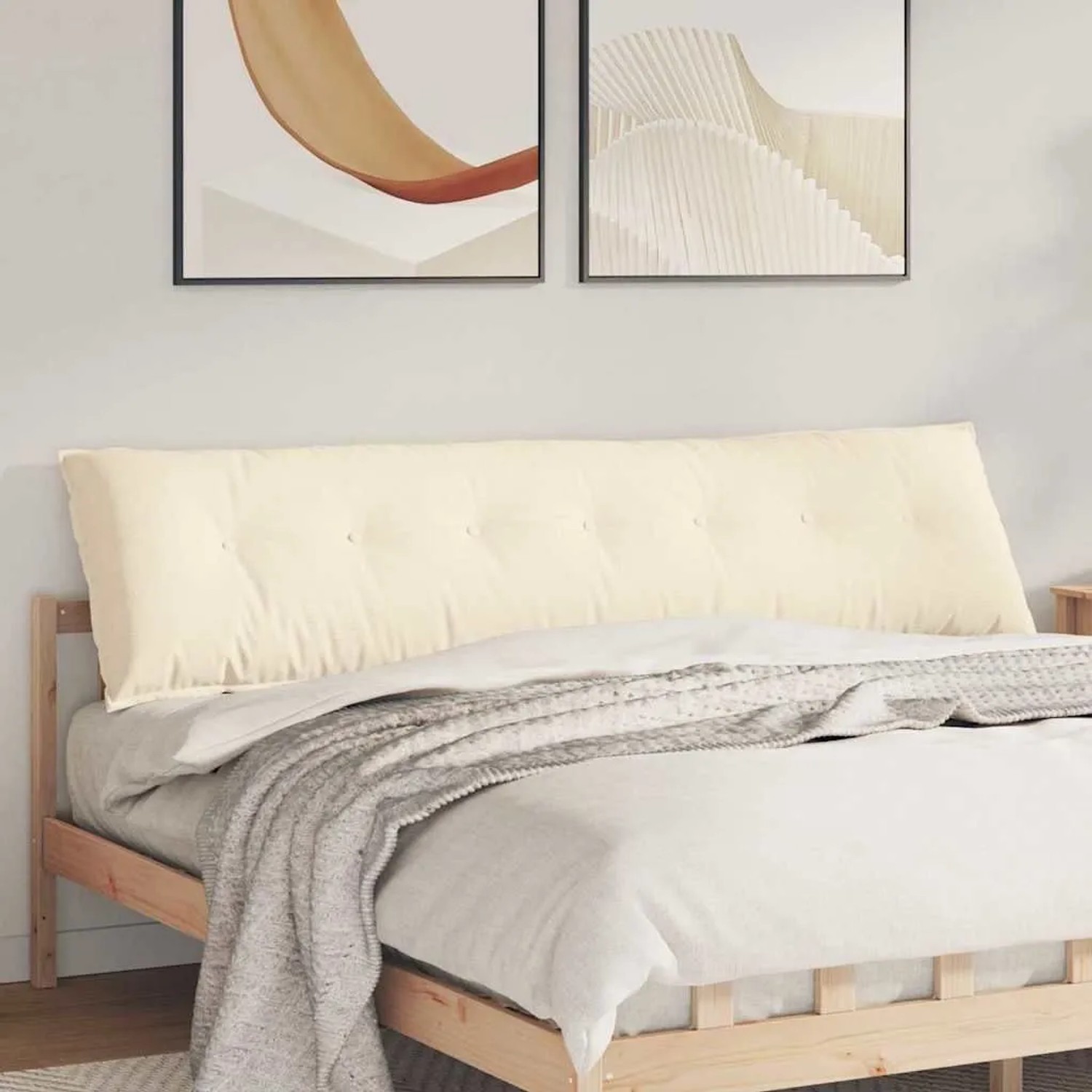 Cremefarbenes vidaXL Rückenkissen aus Cordstoff, 200x50 cm, mit Knöpfen als bequeme Rückenlehne auf einem Bett.