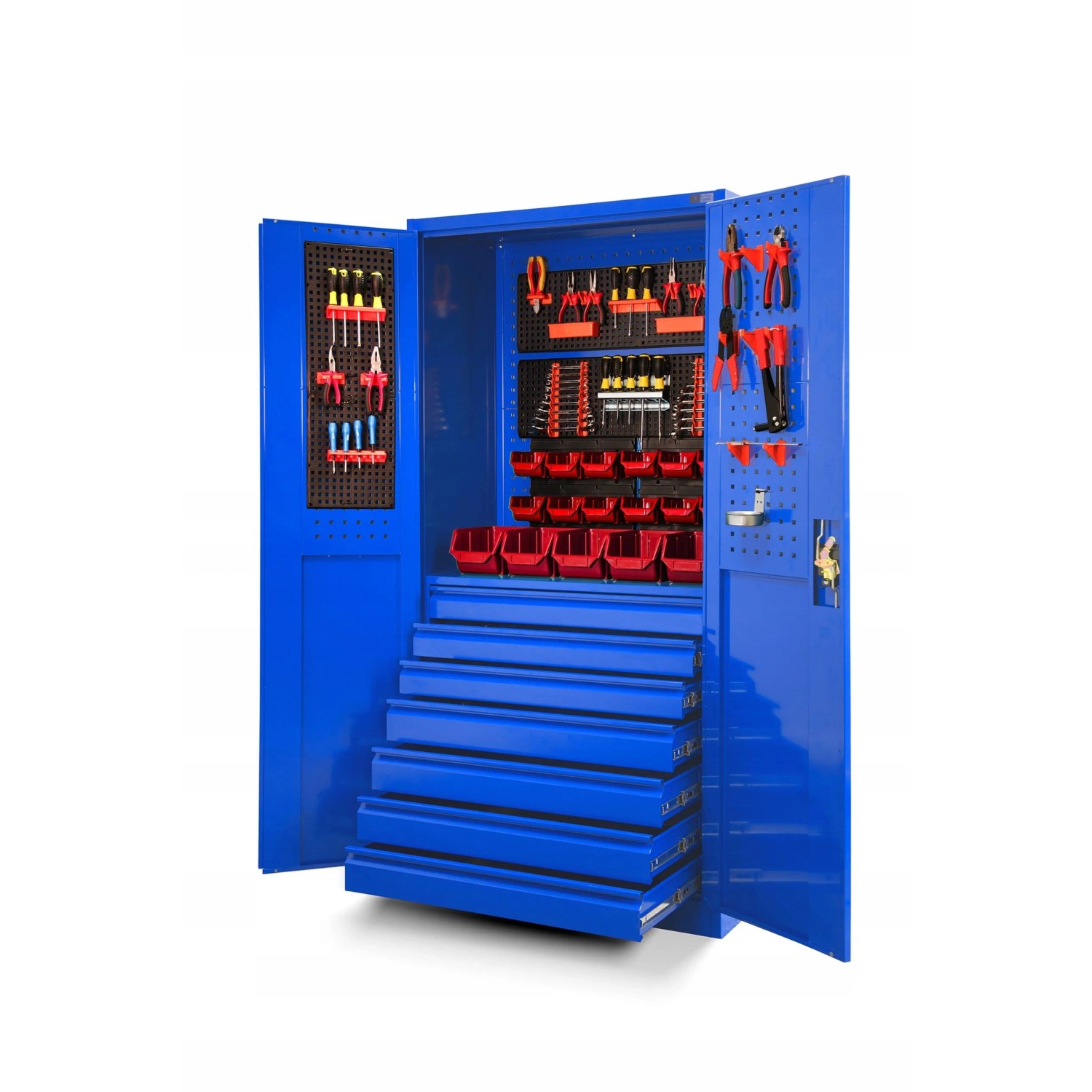 Blauer Jan Nowak Werkzeugschrank DAREK (185x92x50 cm) mit Werkzeug und sieben Schubladen.