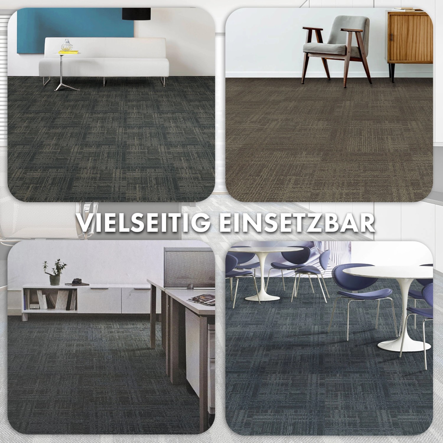 Anwendungsbeispiele: Beige Floordirekt Teppichfliesen Luzern 50x50 cm in verschiedenen Räumen.