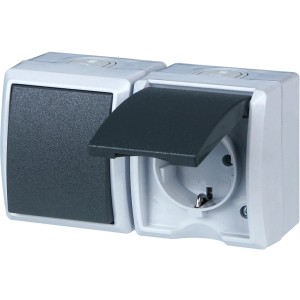 REV Feuchtraum Schalter/Steckdose AquaForm Grau, Aufputz mit Klappdeckel, spritzwassergeschützt.