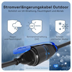 hb-digital 15m Verlängerungskabel für Außen, IP44, mit Sicherheitsverschluss.