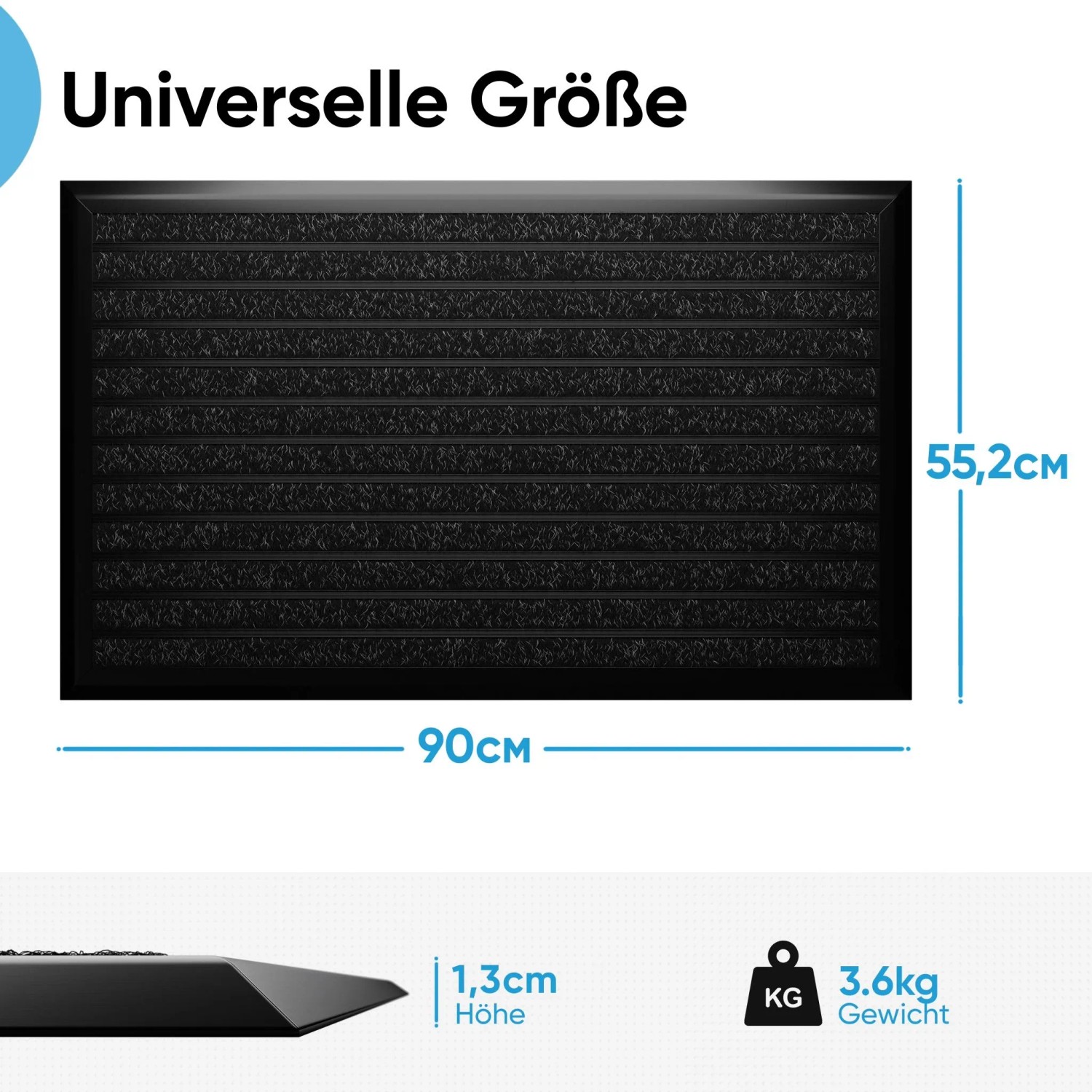 Schwarze Björn&Schiller Fußmatte 90x55,2cm mit Aluminiumrand für Außenbereich. Rutschfest, Polypropylen-Oberfläche.